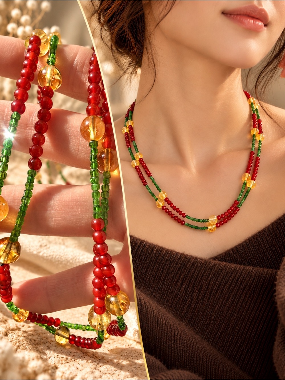 Genuine Citrine Carnelian Diopside 50" Necklace